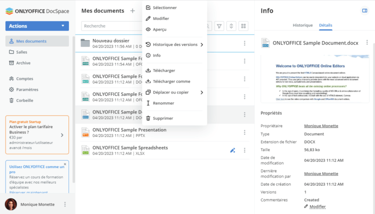 Documents dans votre espacede travail