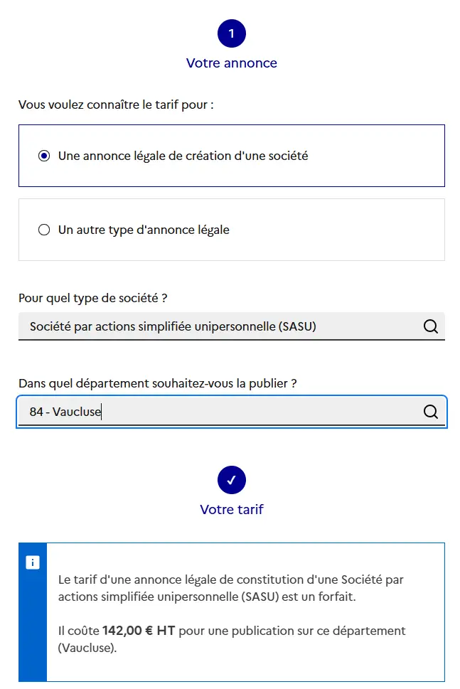 Exemple de simulation du prix annonces légales